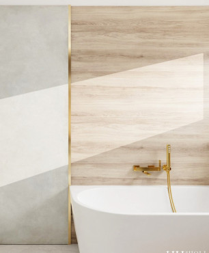 Klasyczna łazienka z imitacją drewnianych i betonowych płytek na ścianie