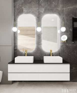 Klasyczna łazienka z z szarymi, wielkoformatowymi płytkami na ścianie i beżowymi na podłodze