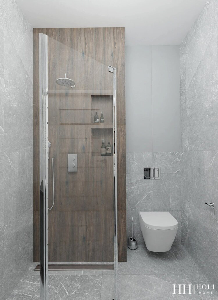 Łazienka z szarymi płytkami oraz z białą muszlą wiszącą i prysznicem z odpływem liniowym