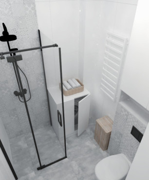 Łazienka z prysznicem i szarymi płytkami patchwork