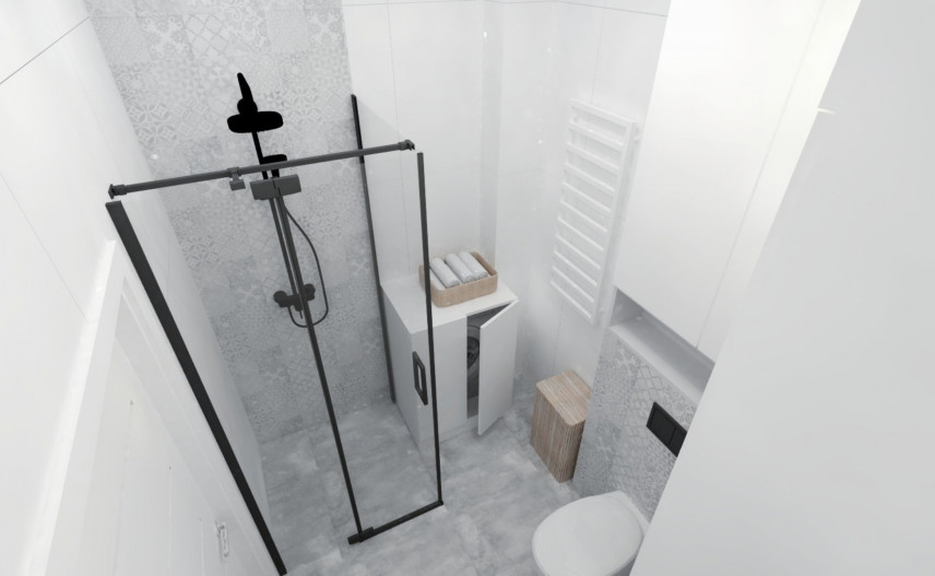 Łazienka z prysznicem i szarymi płytkami patchwork
