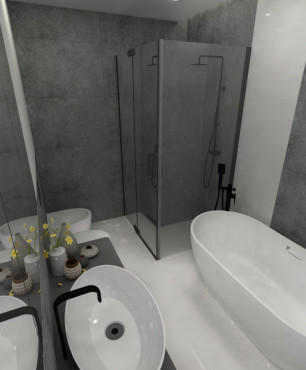 Łazienka z wanną owalną oraz z prysznicem i owalną umywalką nablatową