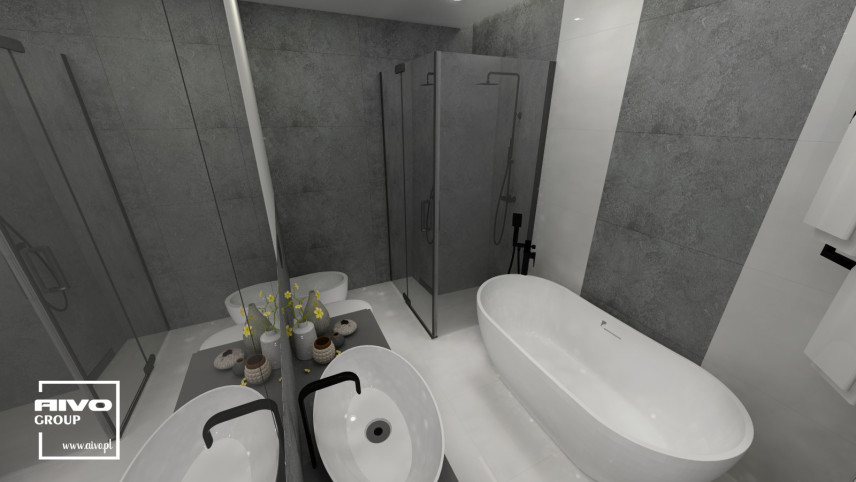 Łazienka z wanną owalną oraz z prysznicem i owalną umywalką nablatową