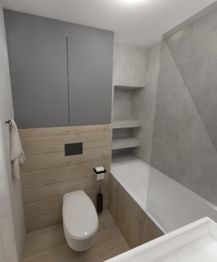 Projekt małej łazienki z zabudowaną wanną z szarymi kaflami płyt na ścianie