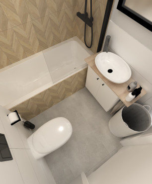 Projekt łazienki z wanną w zabudowie z imitacją drewnianych płytek z funkcją prysznica