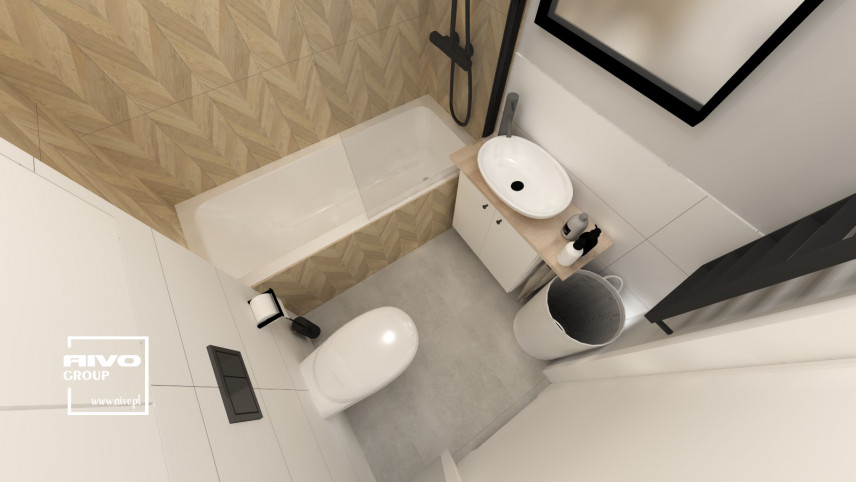 Projekt łazienki z wanną w zabudowie z imitacją drewnianych płytek z funkcją prysznica