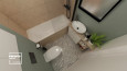 Łazienka z białą szafką stojącą, wanną umywalką nablatową oraz muszlą wiszącą