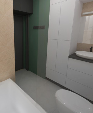 Projekt łazienki z wanną oraz płytkami z imitacją drewna na ścianie