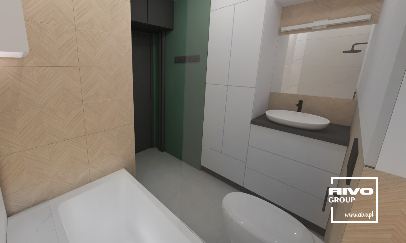 Projekt łazienki z wanną oraz płytkami z imitacją drewna na ścianie
