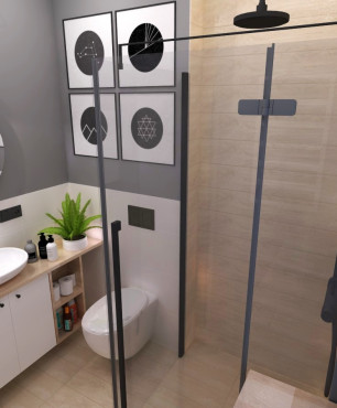 Projekt łazienki z prysznicem z odpływem liniowym oraz z owalną umywalką nablatową