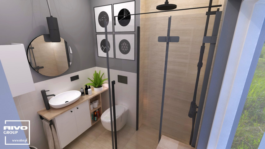 Projekt łazienki z prysznicem z odpływem liniowym oraz z owalną umywalką nablatową