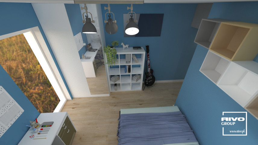 Duży pokój nastolatki z niebieskim kolorem ścian