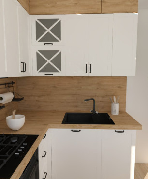 Projekt kuchni w stylu skandynawskim z drewnianym blatem oraz z drewnem nad blatem