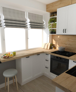 Projekt kuchni w stylu skandynawskim z szarymi roletami  na oknach