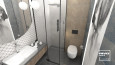 Projekt łazienki z szarymi i drewnianymi płytkami na ścianie i podłodze