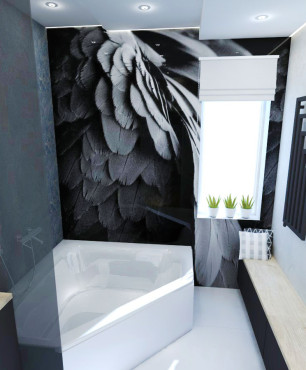Duża łazienka z wanną narożną oraz tapeta 3d na ścianie
