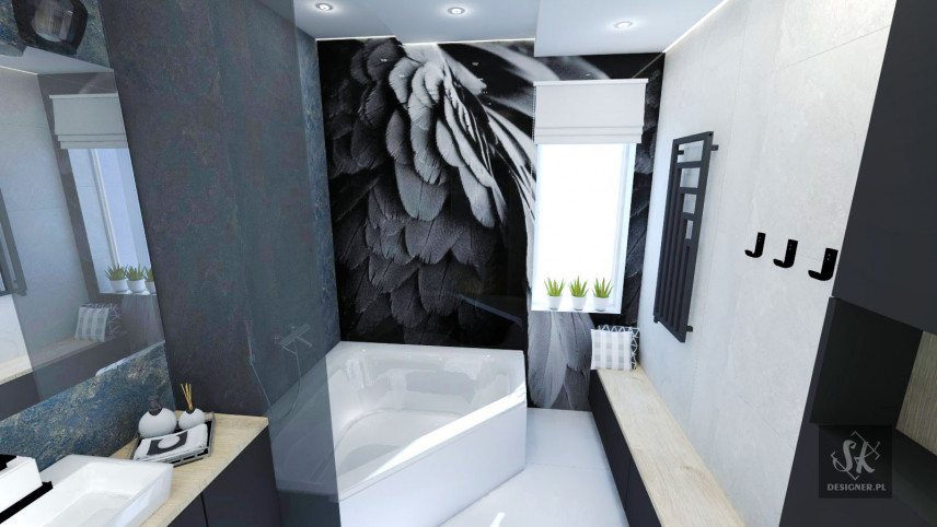 Duża łazienka z wanną narożną oraz tapeta 3d na ścianie