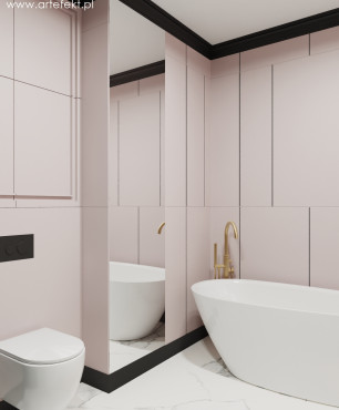 Projekt łazienki z lekko różowym akcentem na ścianach