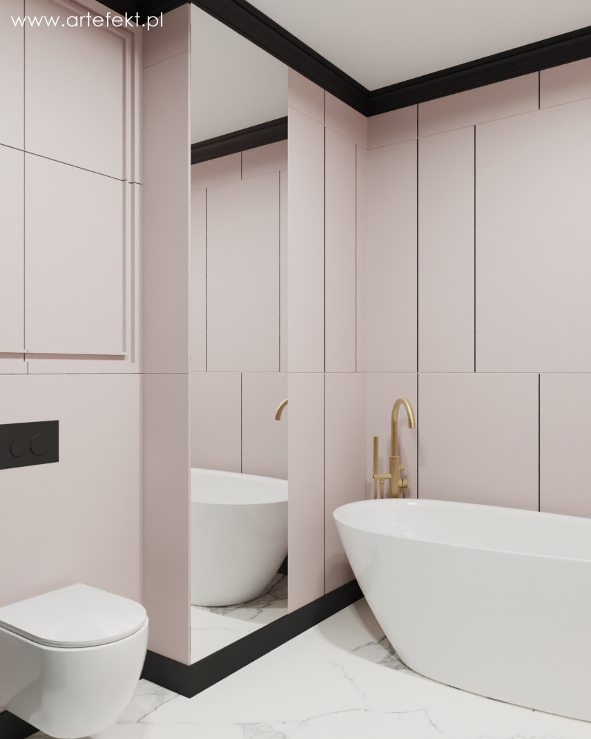 Projekt łazienki z lekko różowym akcentem na ścianach