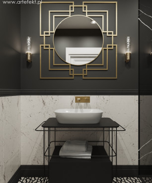 Biało-czarna łazienka ze złotymi dodatkami