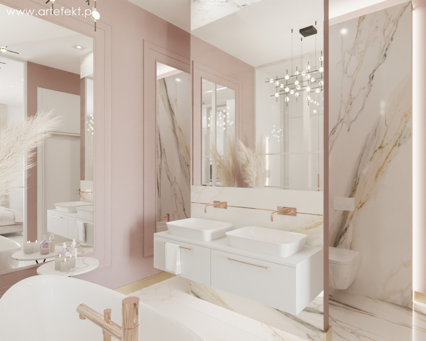 Łazienka z różem na ścianie oraz dużymi lustrami i podwójną umywalką nablatową