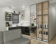 Salon z kuchnią w stylu nowoczesnym z białym kolorem ścian