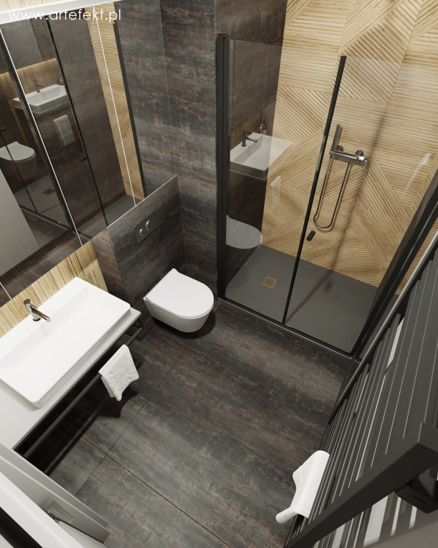 Łazienka z prysznicem, imitacją drewnianych płytek 3d na ścianie oraz płytek z imitacją ciemnego betonu na podłodze
