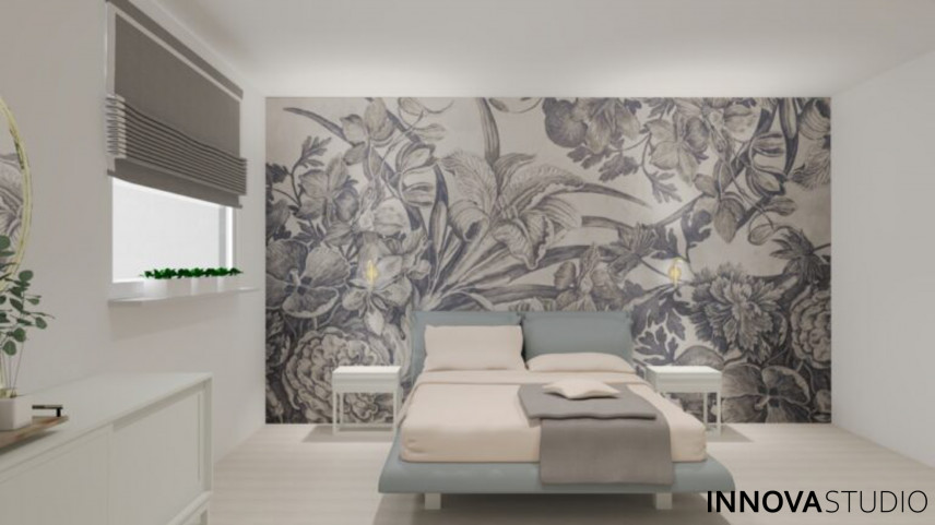 Sypialnia z motywem floralnym na ścianie