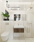 Łazienka z białymi płytkami na podłodze i ścianie oraz z prysznicem walk-in