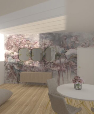 Nowoczesny salon z tapetą w kwiaty na ścianie oraz z kącikiem śniadaniowym