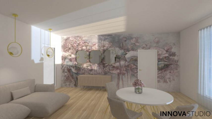 Nowoczesny salon z tapetą w kwiaty na ścianie oraz z kącikiem śniadaniowym