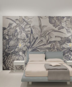 Sypialnia z tapetą z motywem botanicznym na ścianie oraz z tapicerowanym łóżkiem kontynentalnym