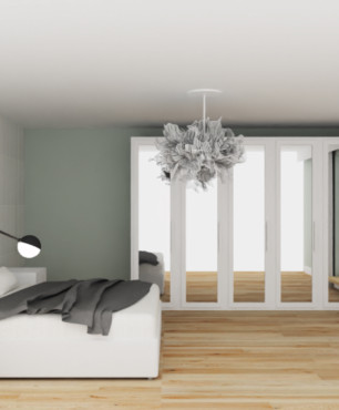 Duża, funkcjonalna sypialnia z białym łóżkiem kontynentalnym oraz szafą z lustrzanym frontem