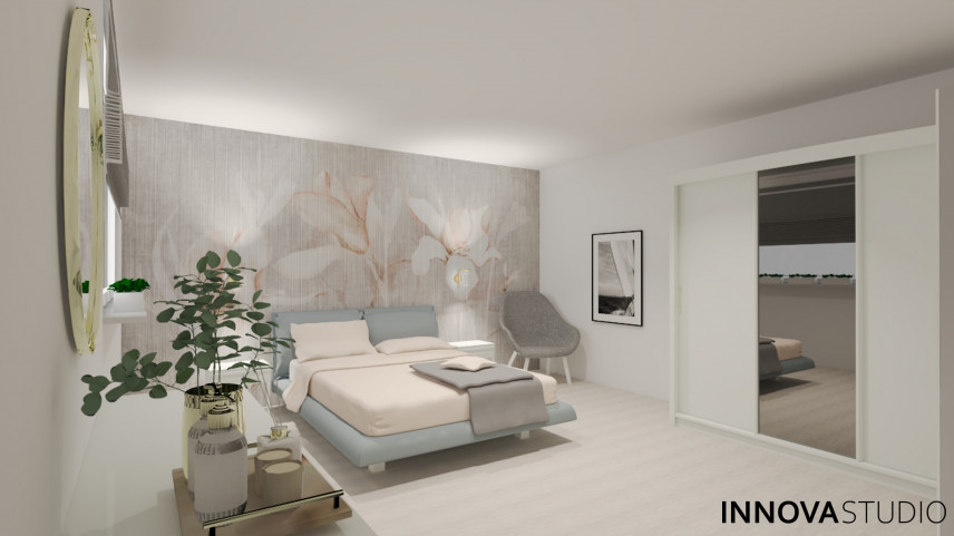 Projekt dużej sypialni z tapetą w jasne kwiaty na ścianie oraz łóżkiem tapicerowanym w kolorze turkusowym
