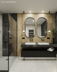 Łazienka w stylu industrialnym z czarnym kamiennym blatem oraz dwoma zlewami nablatowymi