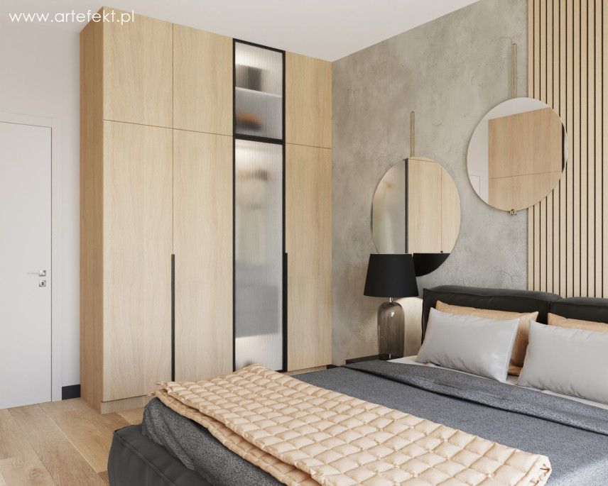 Sypialnia z betonową ścianą oraz z lamelem drewnianym