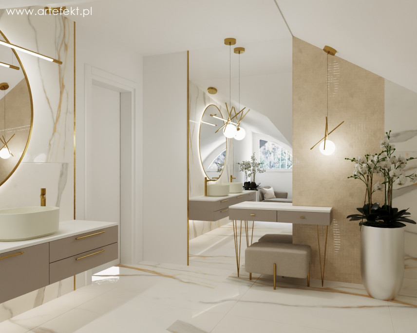 Łazienka w stylu glamour na poddaszu z białym kamieniem na podłodze oraz ścianie