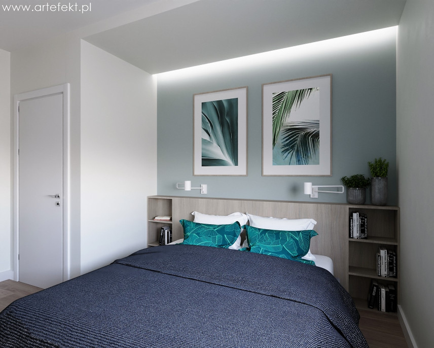 Sypialnia z plakatami z motywem roślinnym na ścianie