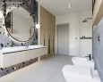 Łazienka z prysznicem walk-in oraz wzorzystymi płytkami na ścianie z lustrem i szafką wiszącą