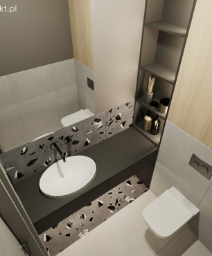 Projekt łazienki z frontami fornirowanymi szafek