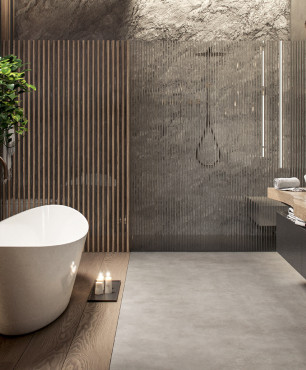 Łazienka w stylu Art Deco z prysznicem walk-in oraz wanną owalną, ceramiczną wolnostojącą