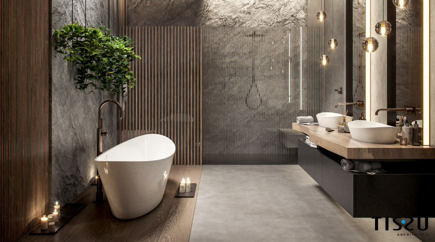 Łazienka w stylu Art Deco z prysznicem walk-in oraz wanną owalną, ceramiczną wolnostojącą