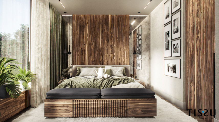 Sypialnia w stylu rustykalnym z dużym, drewnianym łóżkiem kontynentalnym