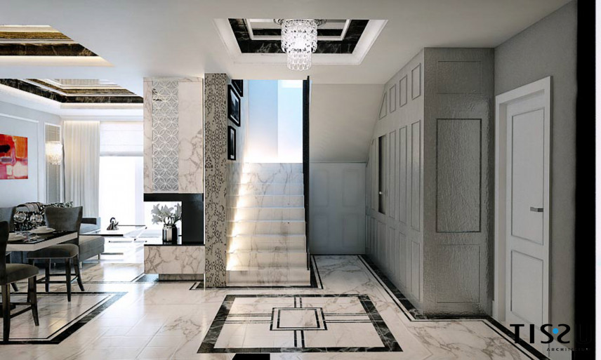 Salon z korytarzem oraz schodami z marmuru