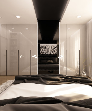 Nowoczesna sypialnia z szafą w zabudowie z akrylowymi frontami