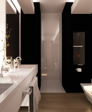 Łazienka z szafkami wykonanymi z akrylu oraz z prysznicem