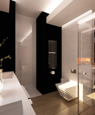 Łazienka z prysznicem i białą muszlą wiszącą oraz oknem