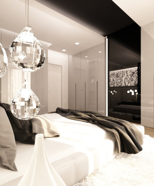 Szyk i elegancja w sypialni z kryształowymi lampami wiszącymi