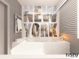 Projekt łazienki z wanną w zabudowie z dużym obrazem Nowego Yorku na ścianie