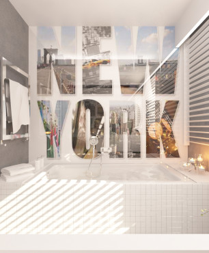 Projekt łazienki z wanną w zabudowie z dużym obrazem Nowego Yorku na ścianie